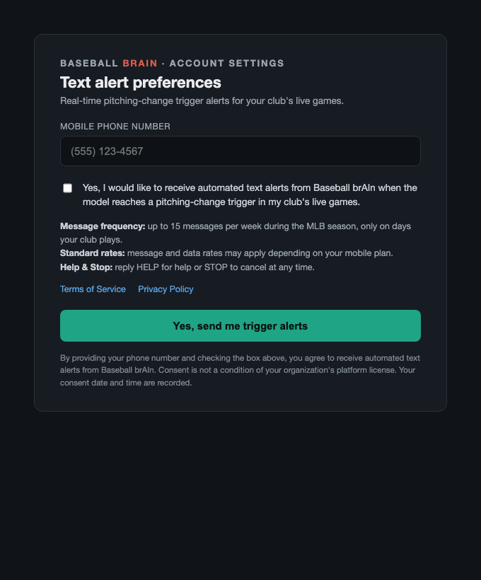 Baseball brAIn account settings showing the text alert opt-in form with consent checkbox